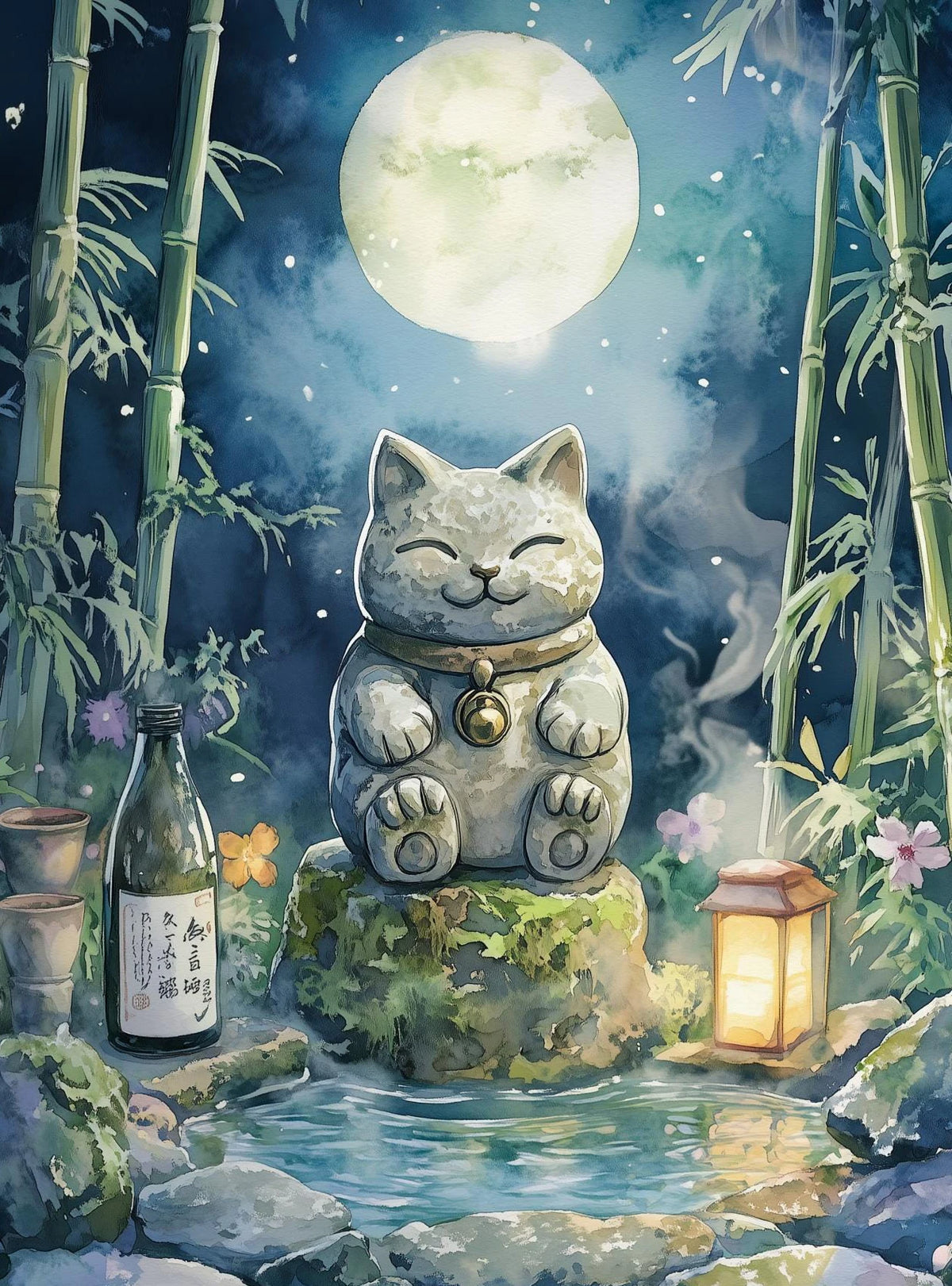 Japanese Black Cat Moon Canvas Wall Art – Retro Cartoon Poster Canvas Wall Art Qst