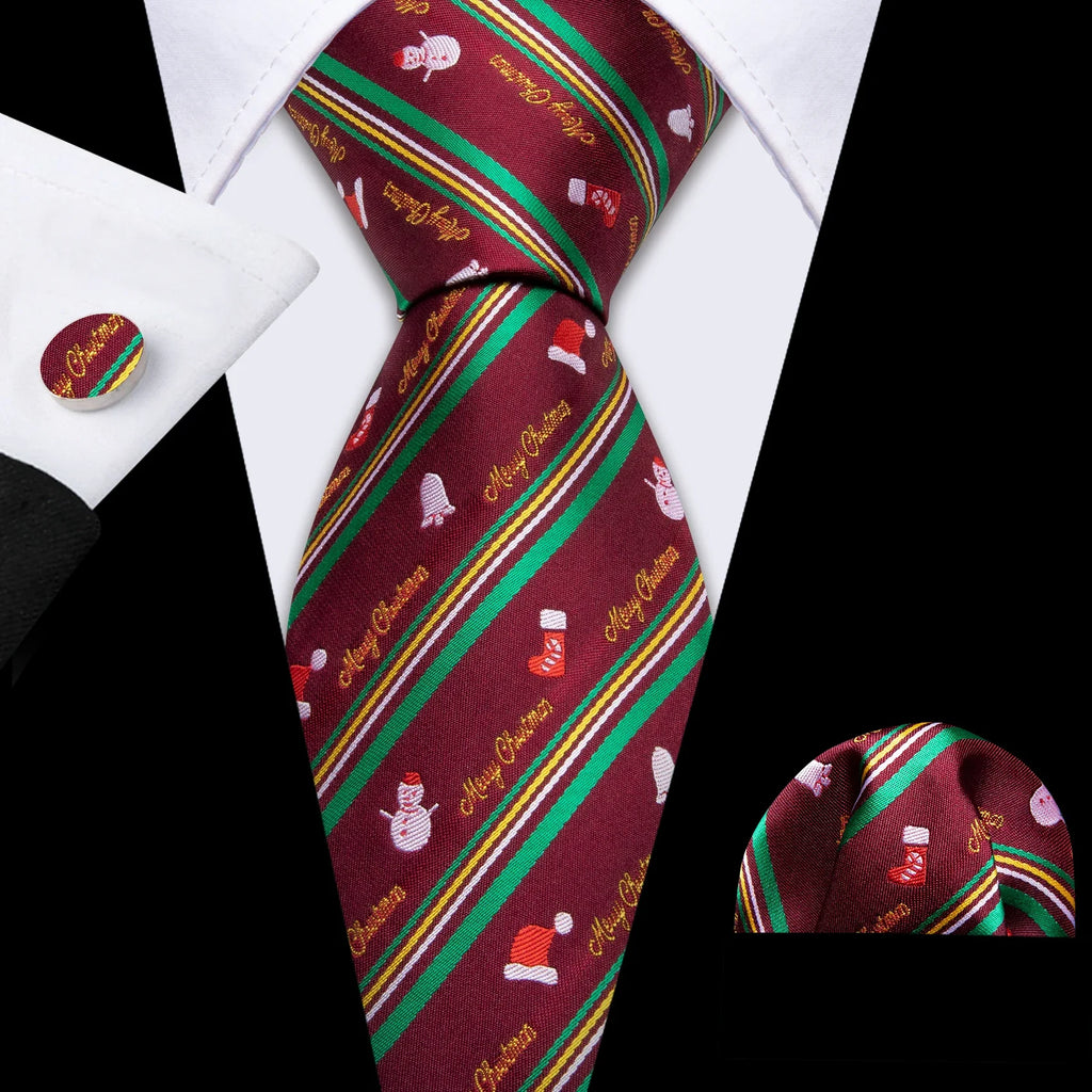 Men's Christmas Red Necktie, Pocket Square & Cufflinks Set Necktie Gift Set Qme LDSN6573