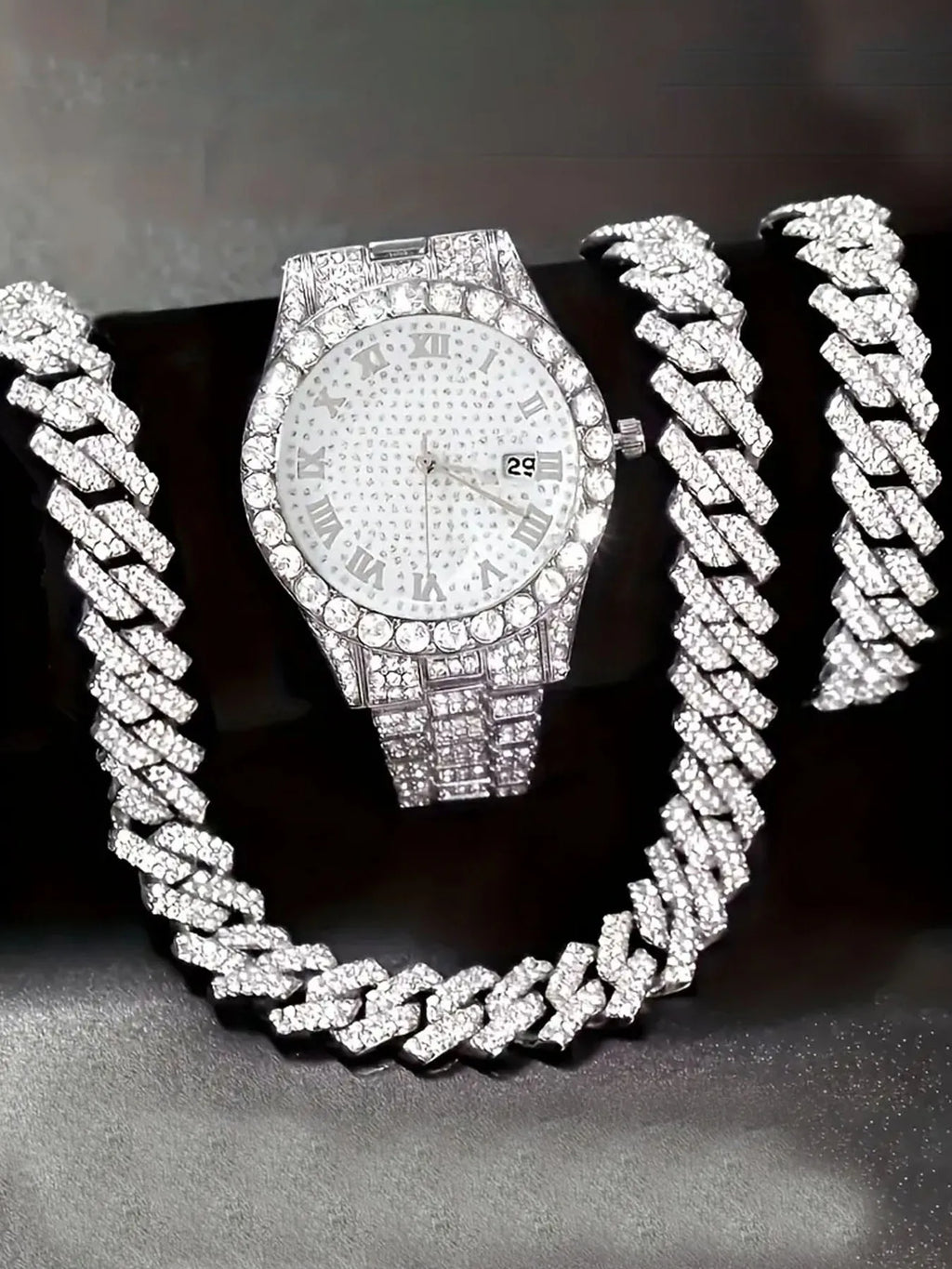 Hip Hop Iced Out Cuban Link Chain Bracelet & Watch Set Chain Bracelet Set Qme Silver