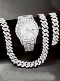 Hip Hop Iced Out Cuban Link Chain Bracelet & Watch Set Chain Bracelet Set Qme Silver