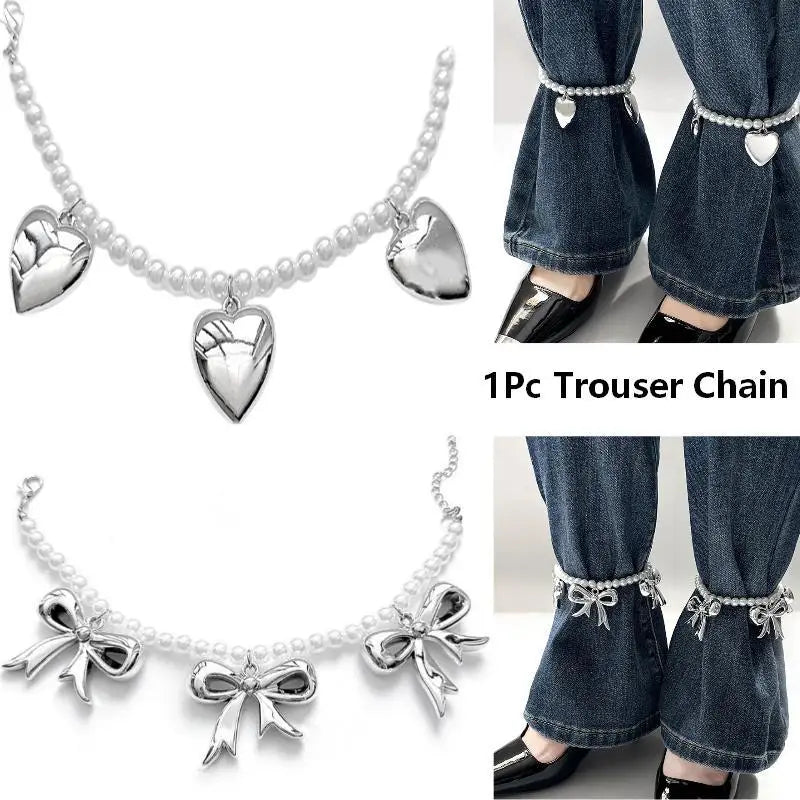 Heart Bow Charm Anklet – Pearl Beaded Trouser Chain Charm Anklet Qme