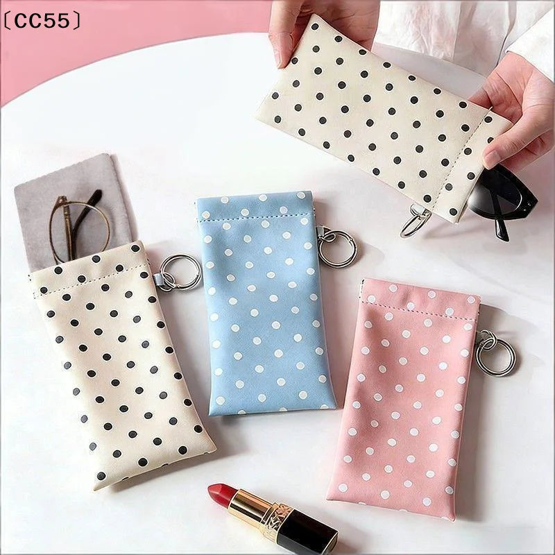 Polka Dot Eyeglass Pouch with Keychain – Soft PU Glasses Case Eyeglass Case Qst