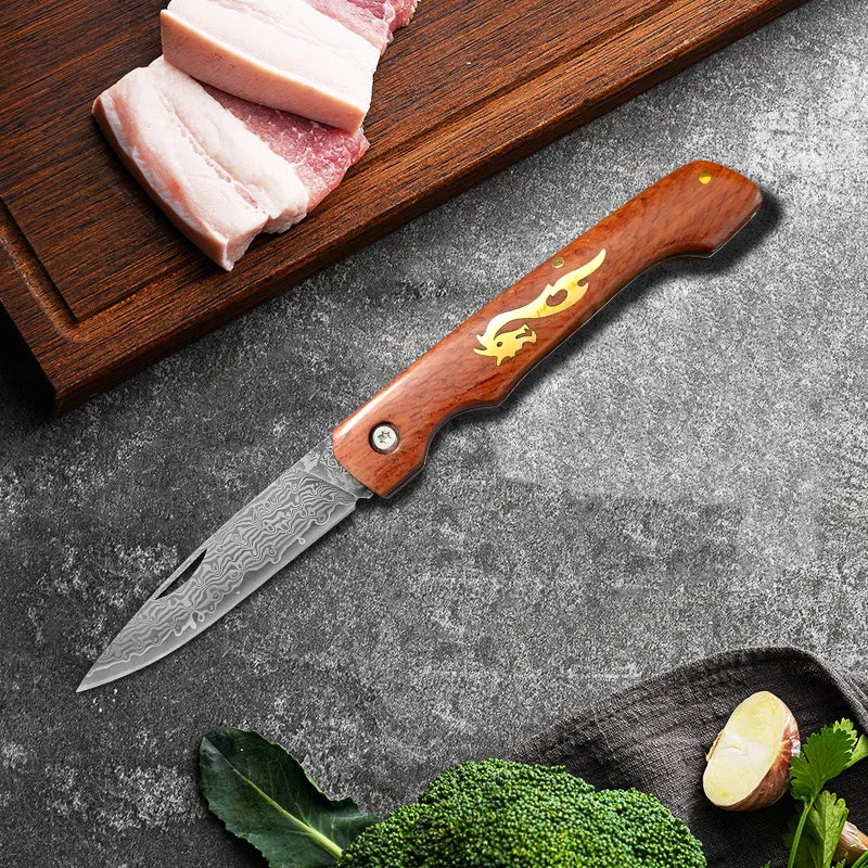 Damascus Steel Folding Boning Knife – Wood Handle, 8.2" Blade Folding Kitchen Knife Qst