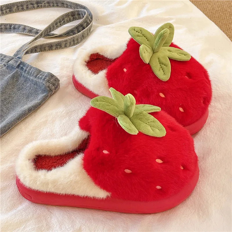 3D Strawberry Fluffy Plush Slippers – Women's Cozy Winter Slides Plush House Slippers Qst