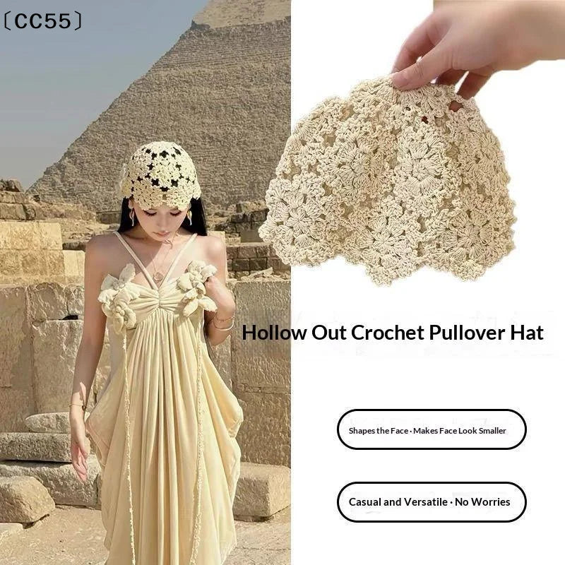 Women's Crochet Hollow Floral Beanie – Boho Summer Hat Crochet Beanie Hat Qst