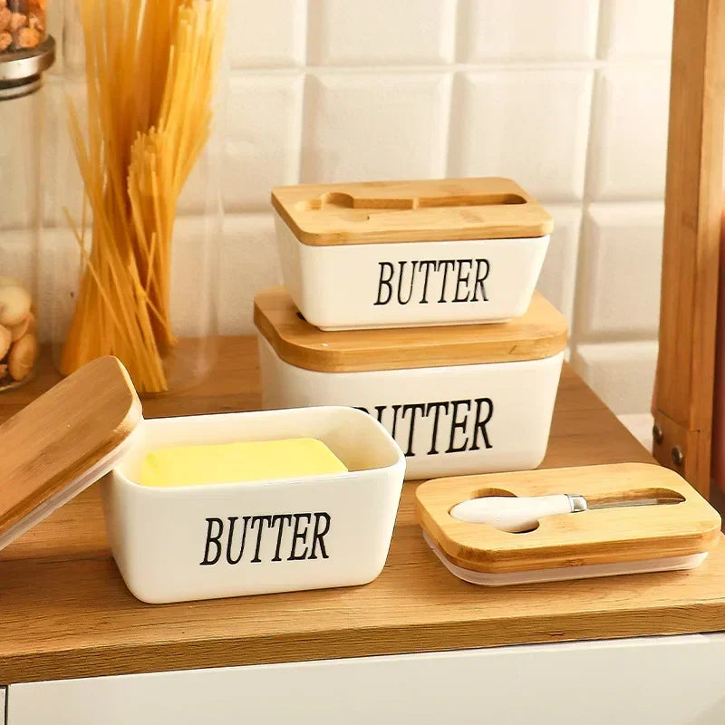 Ceramic Butter Dish with Bamboo Lid & Cheese Knife – 3 Colors Butter Dish Set Qme