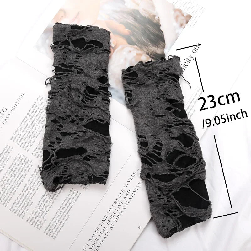 Punk Gothic Black Fingerless Gloves – Ripped Slit Unisex Fingerless Gloves Qme