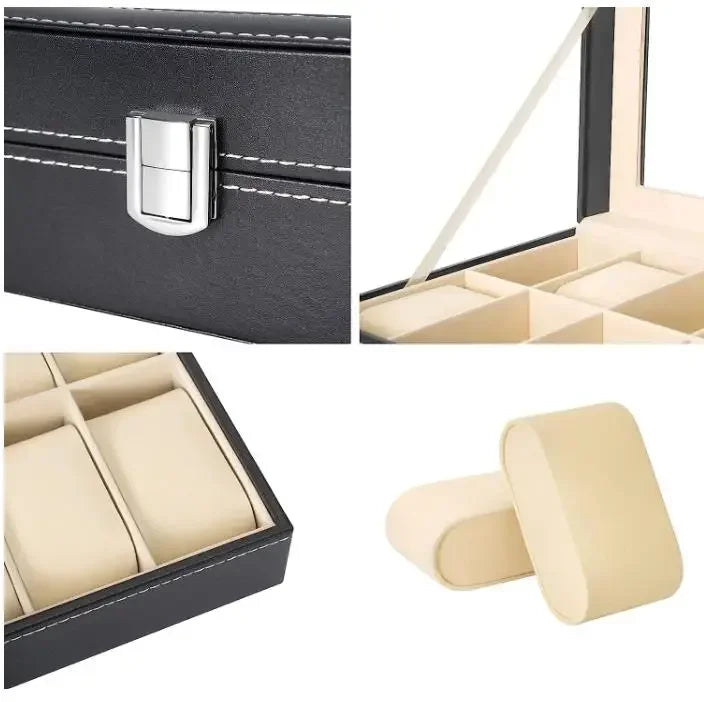 6-Slot Lockable PU Leather Watch Box | Jewelry Organizer Watch Storage Box Qme