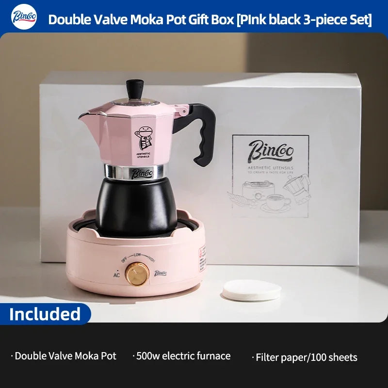 BINCOO Dual Valve Moka Pot Gift Box – Espresso Coffee Maker Moka Pot Qst black pink 3pcs set