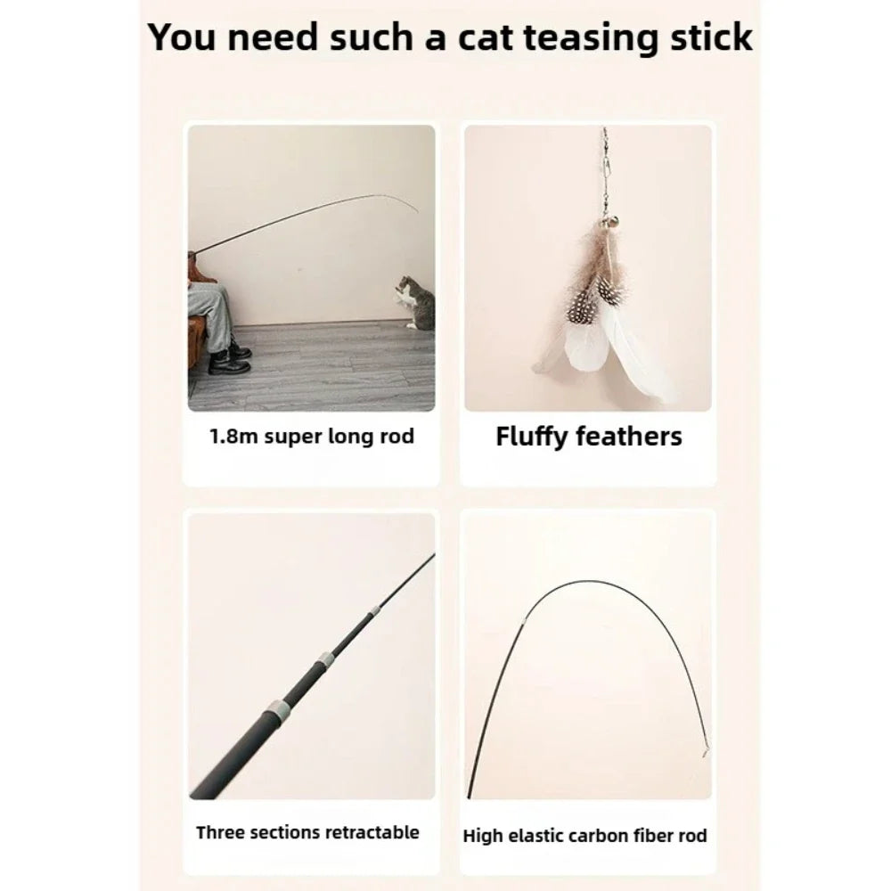 1.8M Telescopic Cat Teaser Wand – 4-Section Feather Toy Cat Teaser Wand Qme