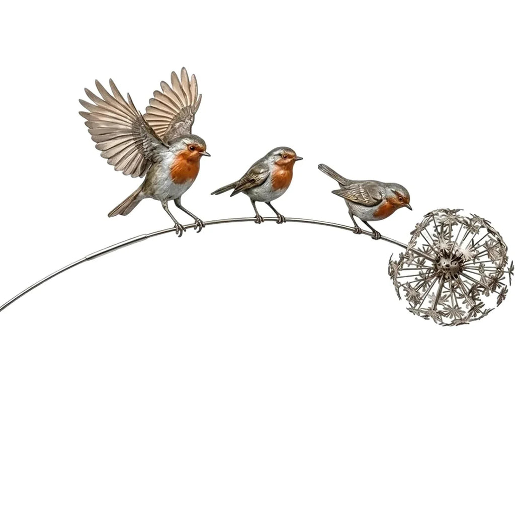 Rustic Robin Bird Garden Stake Dandelion Accent – Metal Yard Art Garden Stake Qme 1PCS