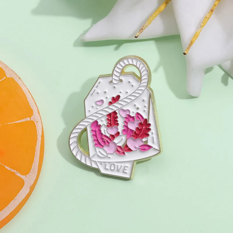 Cartoon Enamel Pin Pink Leaf Heart Brooch Badge | Metal Pin Enamel Brooch Pin Qme