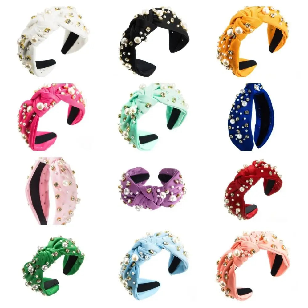 Rhinestone Pearl Wide Headband Hair Hoop – 12 Colors Pearl Rhinestone Headband Qme