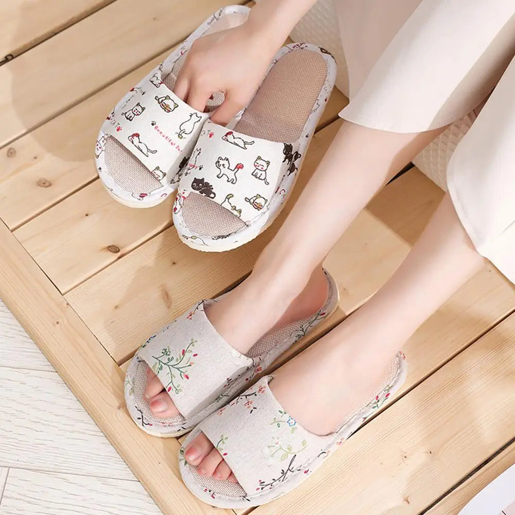 Women's Linen Flax Slippers – Lightweight Flat Summer Sandals Flat Linen Slippers Qme