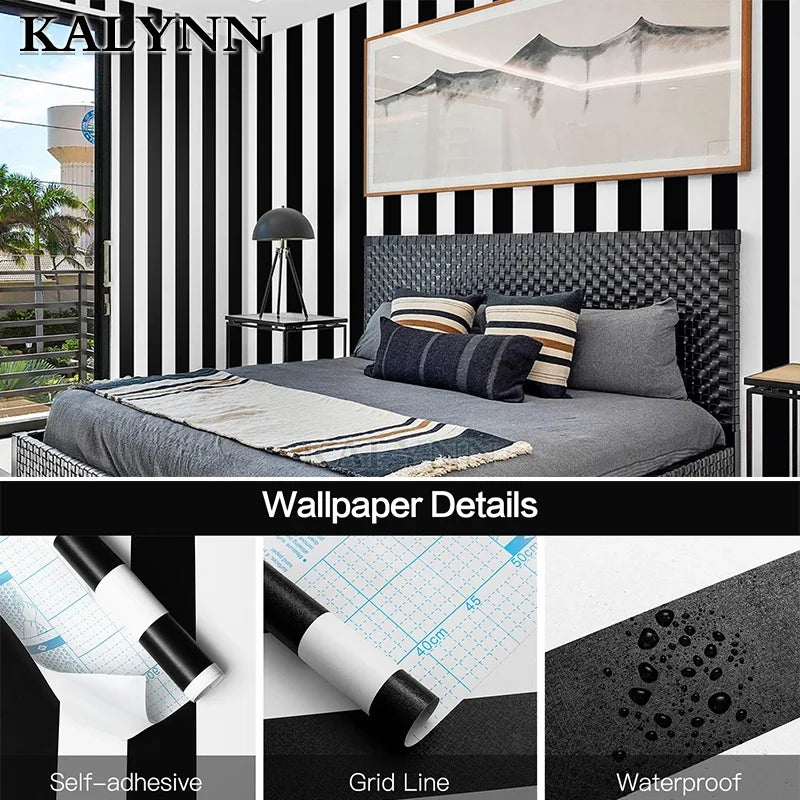Black & White Stripe Peel and Stick Wallpaper – Vinyl Waterproof Peel & Stick Wallpaper Qme