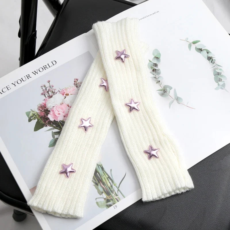 Y2K Fingerless Gloves Women Knitted Star Arm Warmers Fingerless Arm Warmers Qme