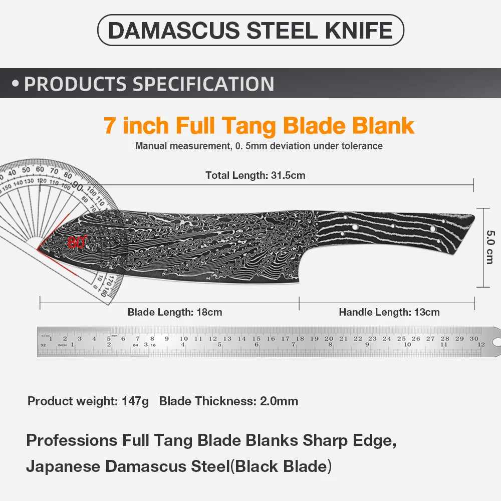 Damascus Steel Santoku Knife Blank 8" – Full Tang DIY Knife Making Knife Blank Qst