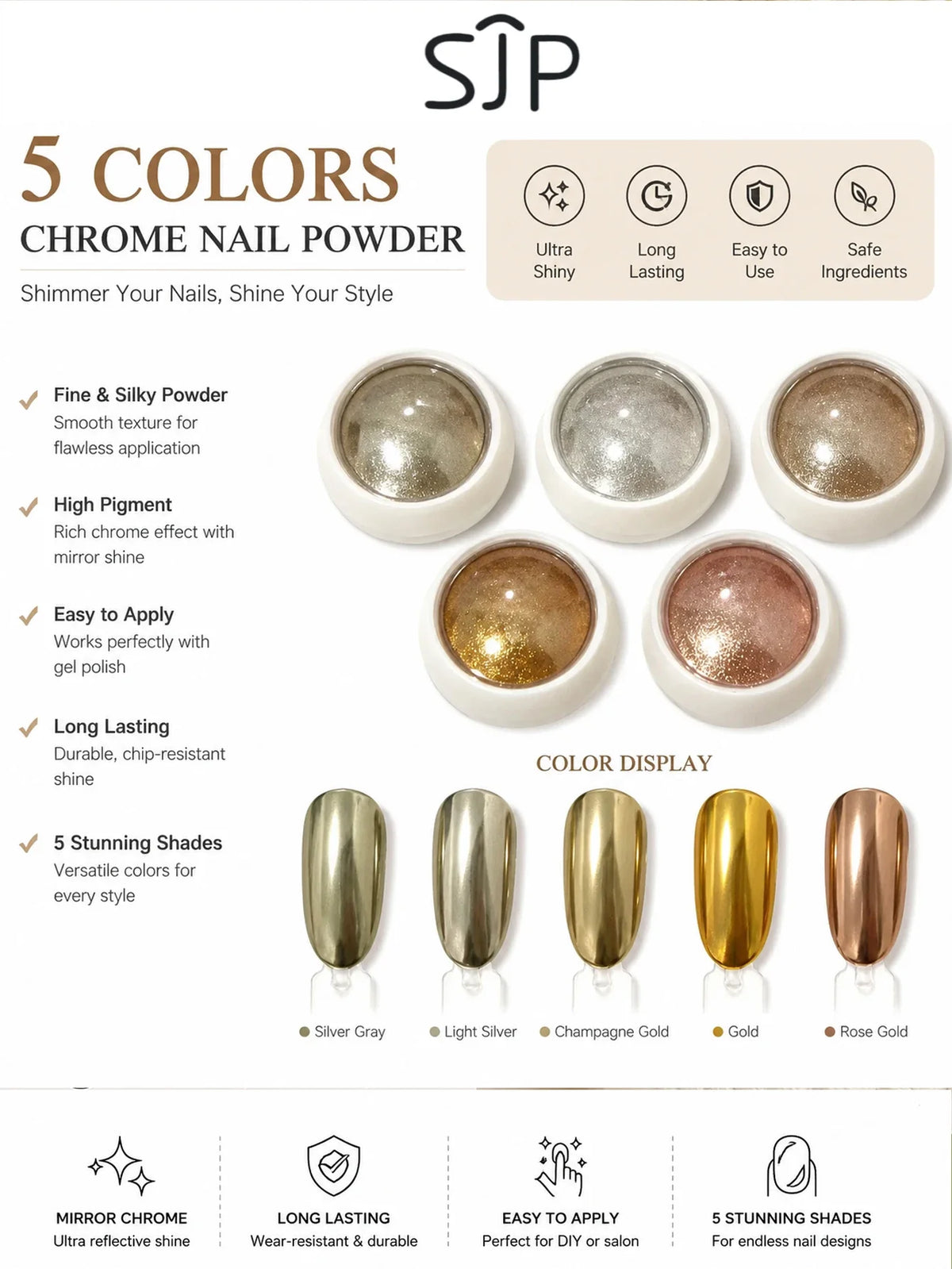 5-Color Chrome Nail Powder – Mirror Holographic Metallic Dust Chrome Nail Powder Qme