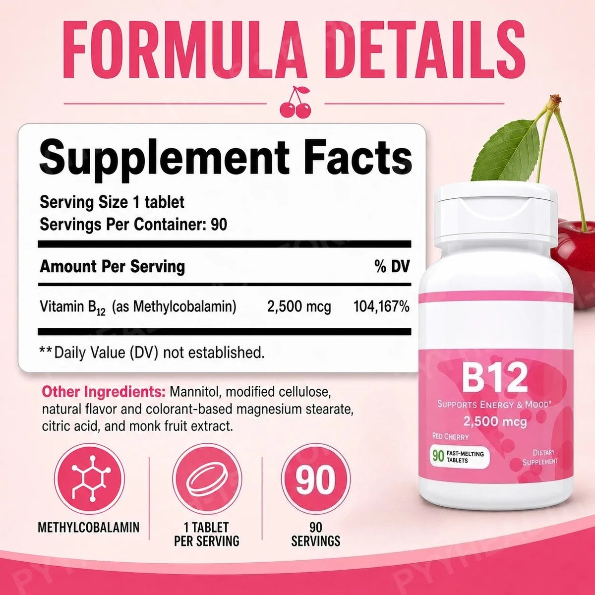 Vitamin B12 2500mcg Fast Dissolve Tablets – Cherry, 90 Count Vitamin Supplement Qst