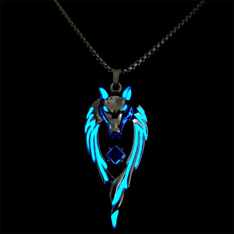 Wolf King Glow in the Dark Pendant Necklace for Men Pendant Necklace Qme dark blue 60cm