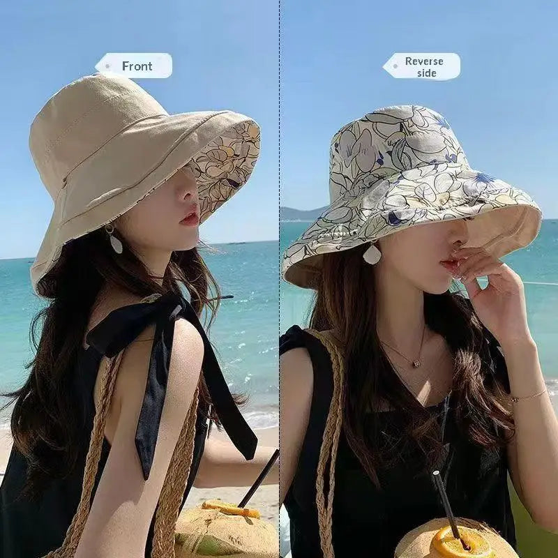 Women's Double-Sided Flower Print Wide Brim Bucket Hat Women's Bucket Hat Qst Beige