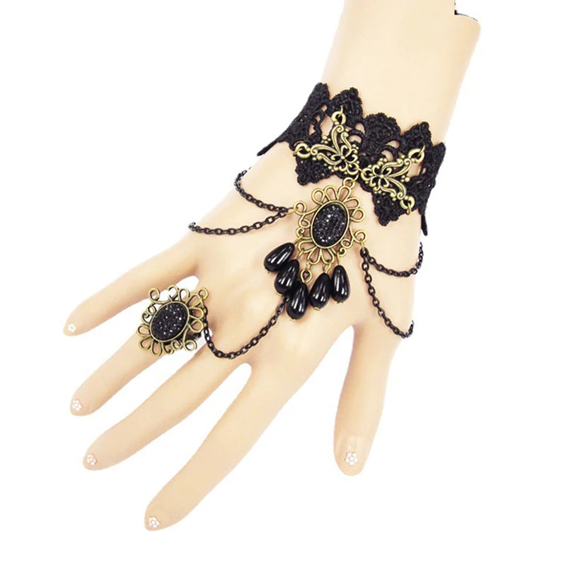 Women's Steampunk Fingerless Gloves – Victorian Lace Wrist Cuff Costume Wrist Gloves Qst GS049blck