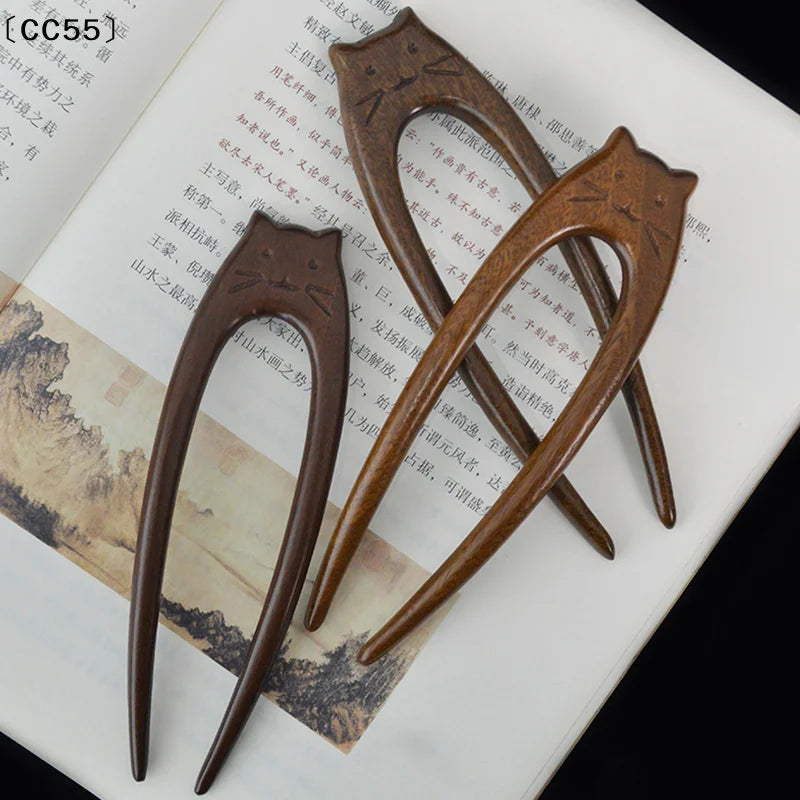 Wooden Cat U-Shaped Hair Stick Fork – Hanfu Hairpin for Women Wooden Hair Stick Qst