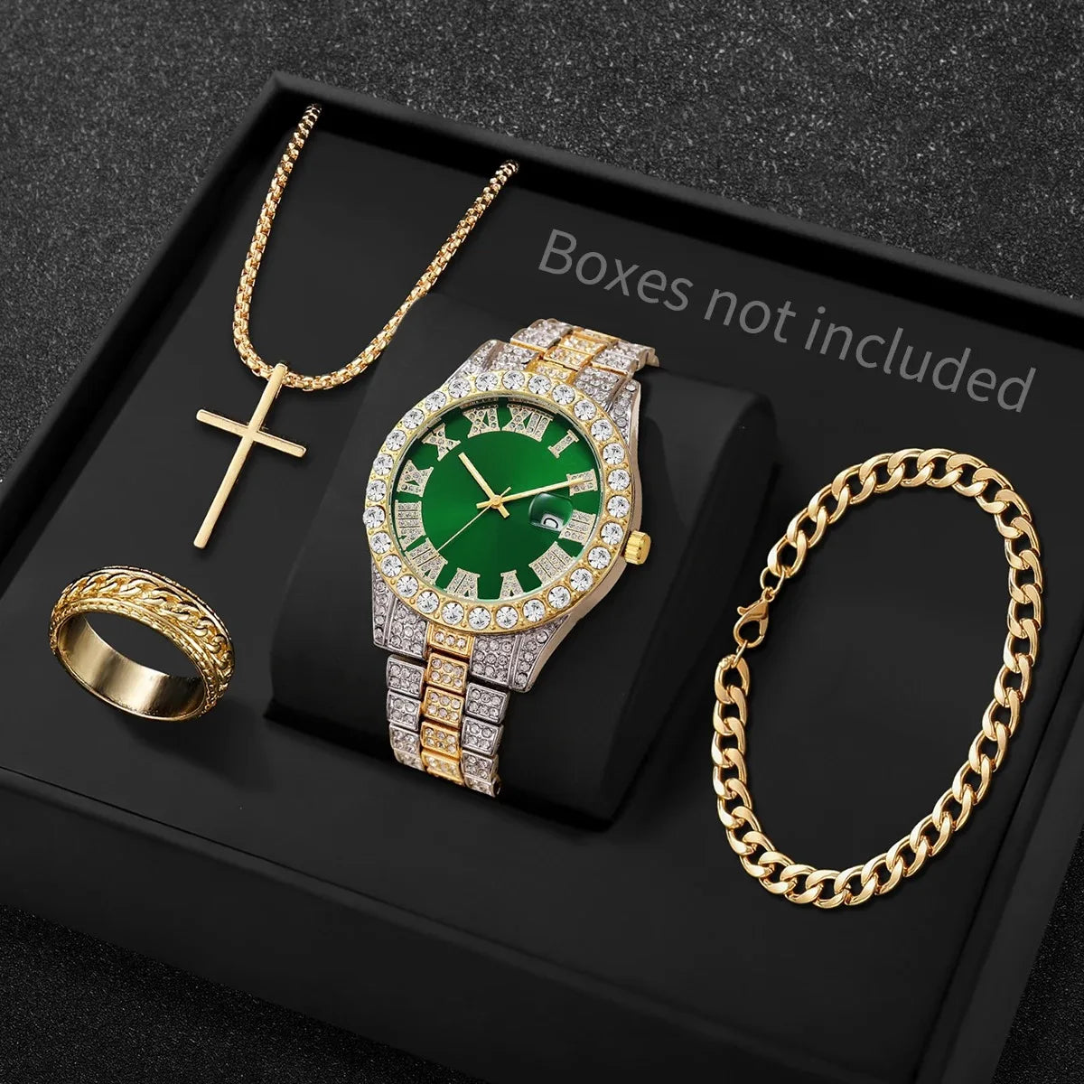 Men's Bling Quartz Watch, Necklace, Ring & Bracelet Set Men's Jewelry Set Qme
