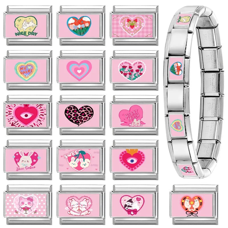 Italian Charm Link Bracelet – Rabbit, Cats, Hearts & Flowers Italian Charm Bracelet Qme