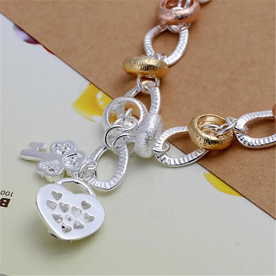 925 Sterling Silver Heart Clover Flower Bracelet – 8 Inch Silver Bracelet Qme