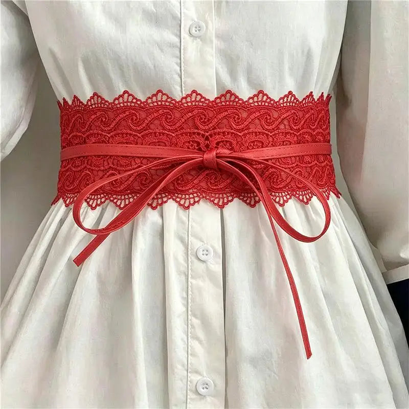 Vintage Boho Lace Bow Wide Waist Belt – Scalloped Edge Wide Waist Belt Qst A4