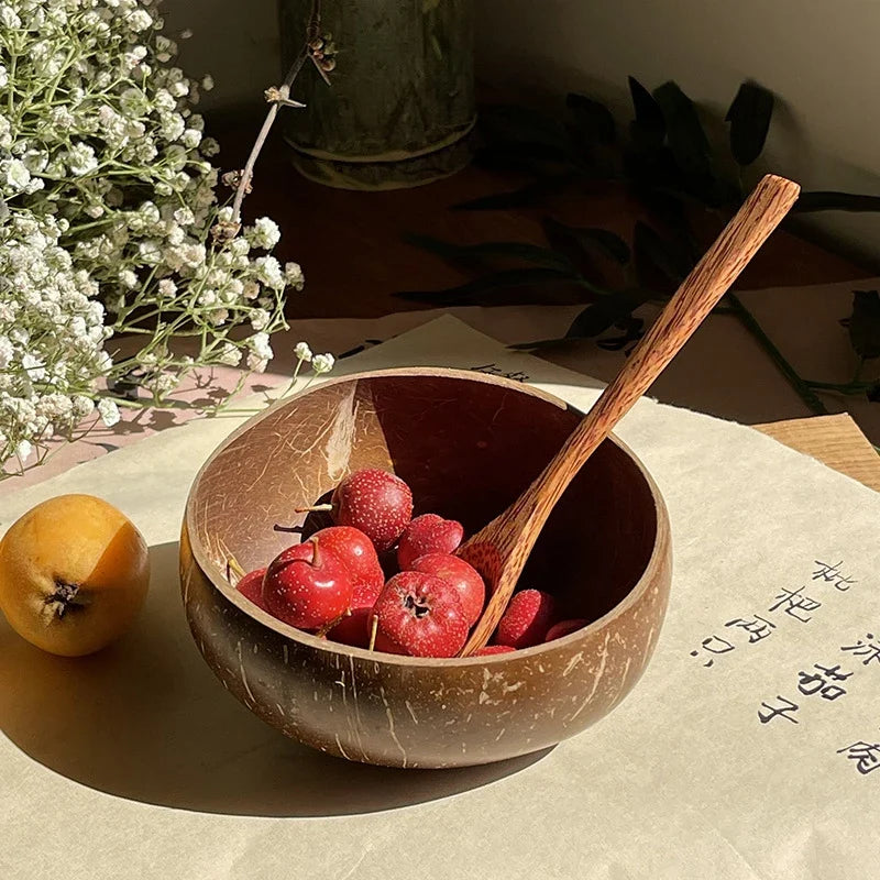 Natural Handmade Coconut Bowl with Fork – Eco Tableware Coconut Bowl Set Qme
