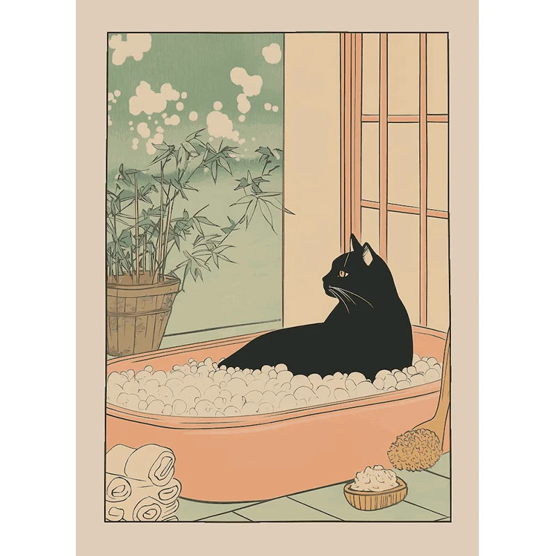 Japanese Bathroom Cute Animals Canvas Wall Art Poster Unframed