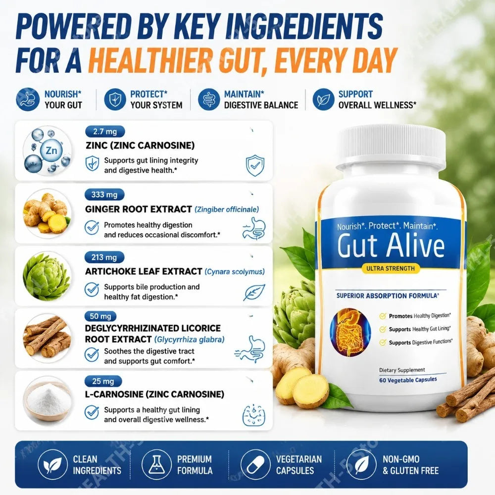 Gut Alive Natural Digestive Supplement – 120 Capsules | Ginger Digestive Supplement Qst
