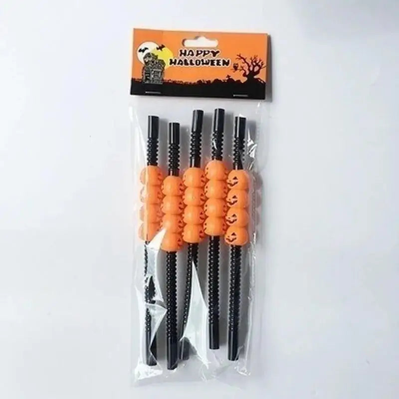 Halloween Skull & Pumpkin Cartoon Drinking Straws – 5 Pack Halloween Party Straws Qme
