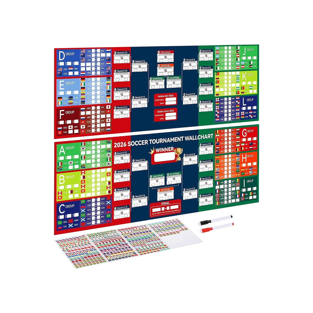 Soccer Event Wall Schedule Poster with Markers & Flag Stickers Wall Schedule Poster Qme