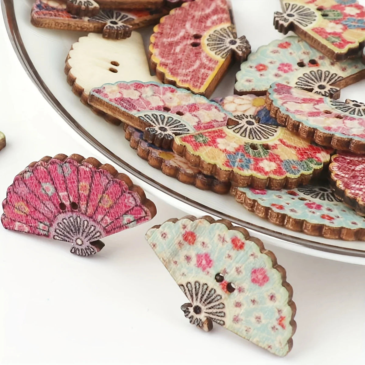 Vintage Fan-Shaped Printed Wooden Buttons | DIY Craft Decor Decorative Wooden Buttons Qme