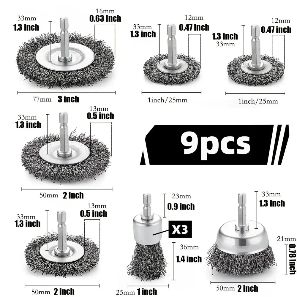 Wire Wheel Cup Brush Set 6.35mm Hex Shank – Grinder Tool Wire Wheel Brush Set Qme