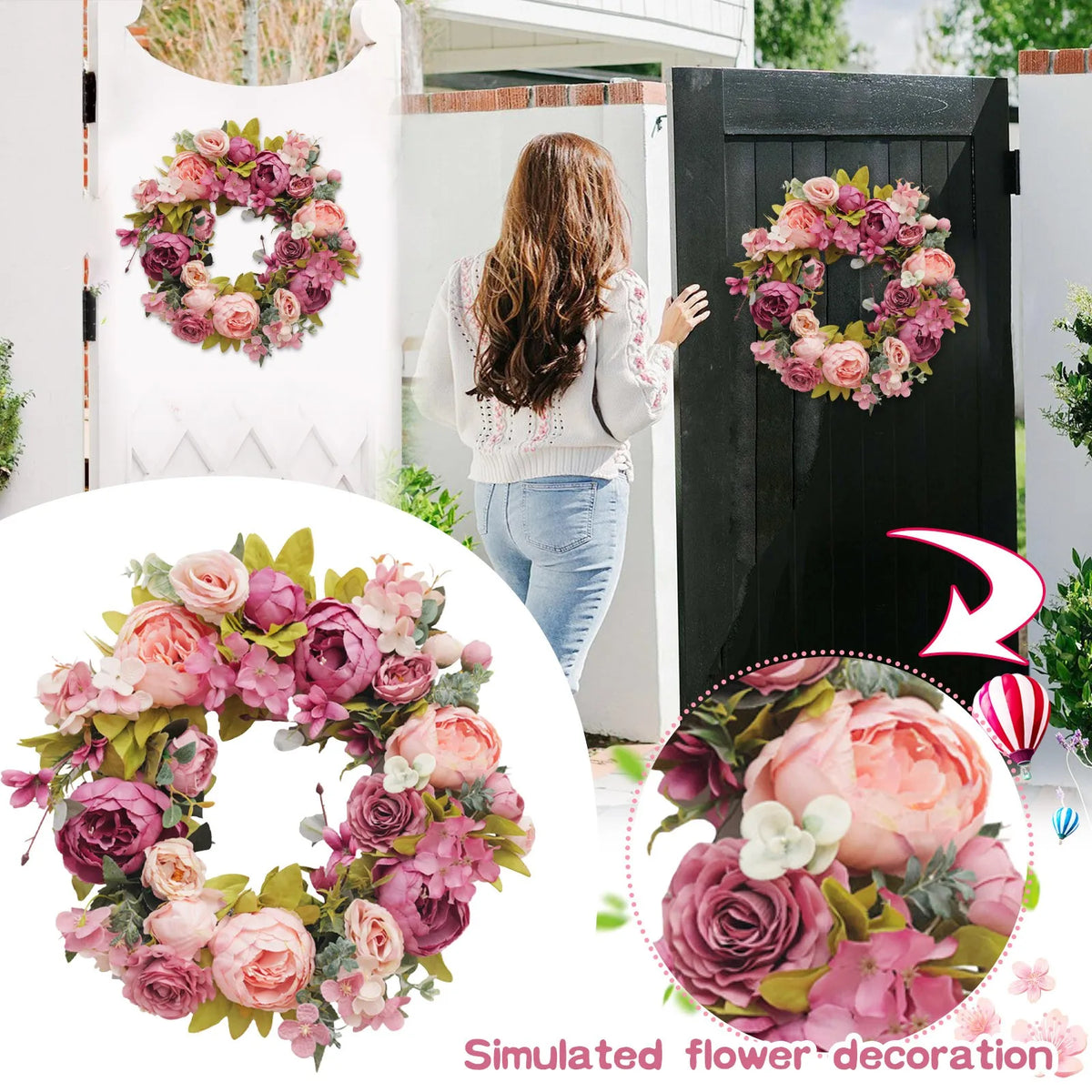 Peony Artificial Flower Round Wreath | Wedding & Holiday Decor Artificial Flower Wreath Qme