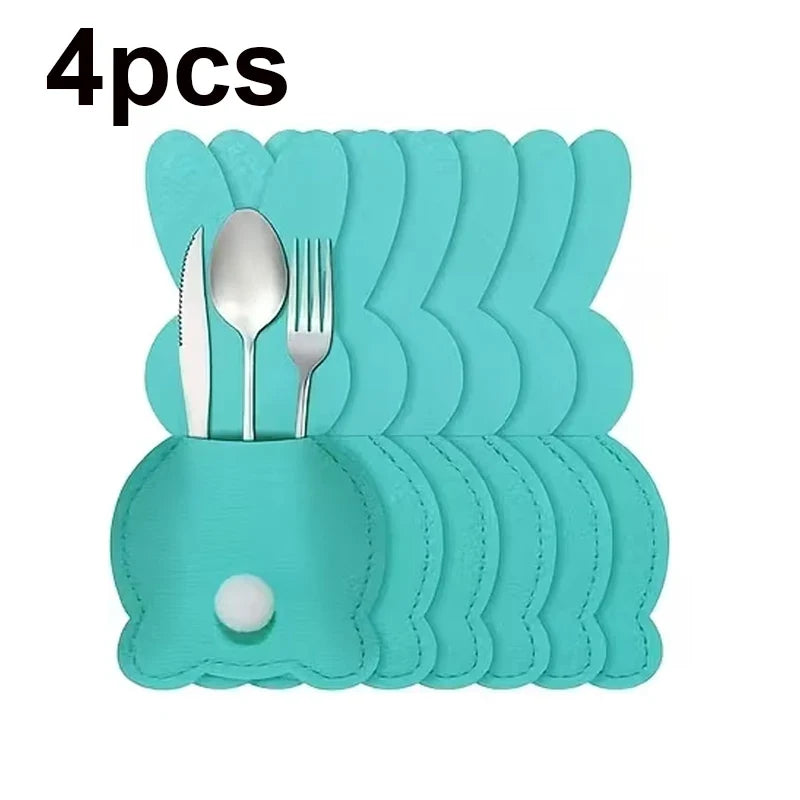 Easter Rabbit Felt Tableware Bags – Cute Cutlery Holder Set Tableware Holder Qme 4pcs Blue 15x8cm