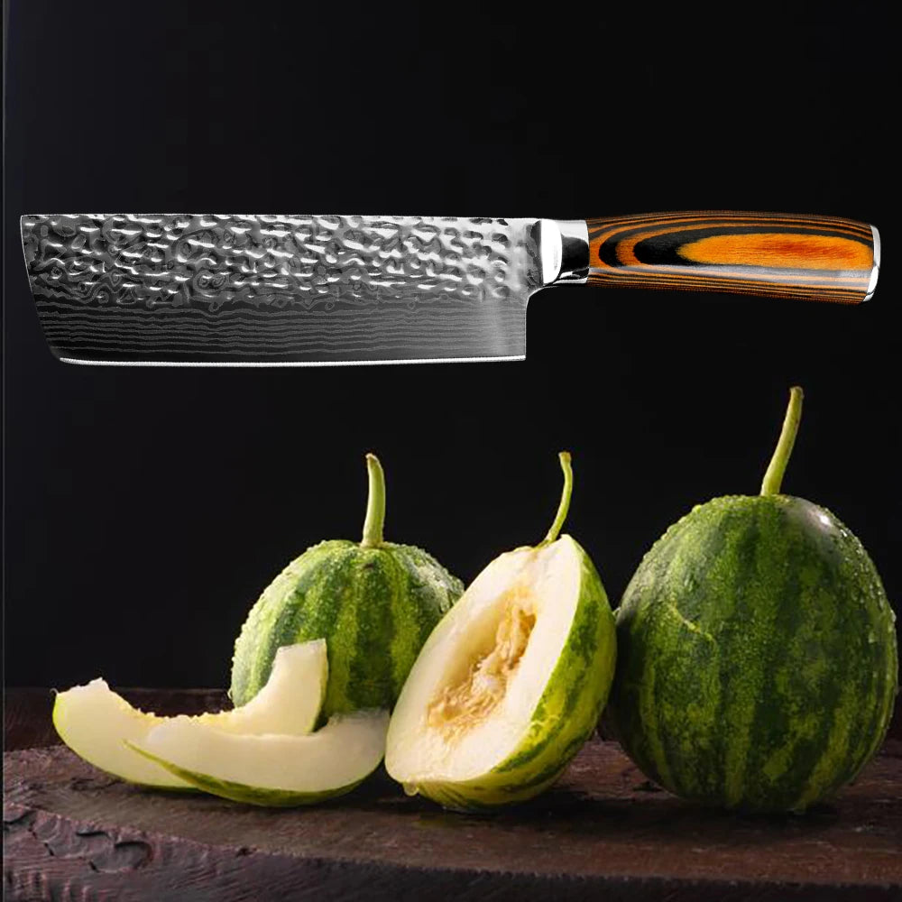 XITUO Nakiri Cleaver 440C Steel Patterned Blade | Wood Handle Kitchen Cleaver Knife Qst