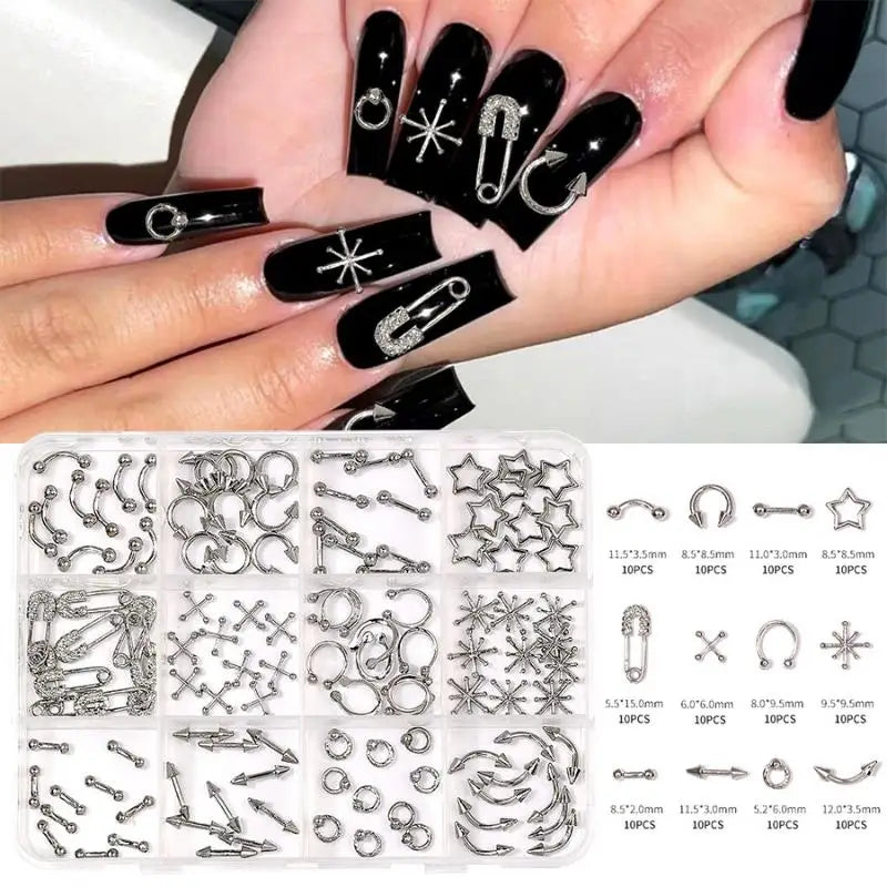 Punk Metal Nail Charms 12-Grid – Alloy Rivets, Rings & Y2K Studs Nail Art Charms Qst