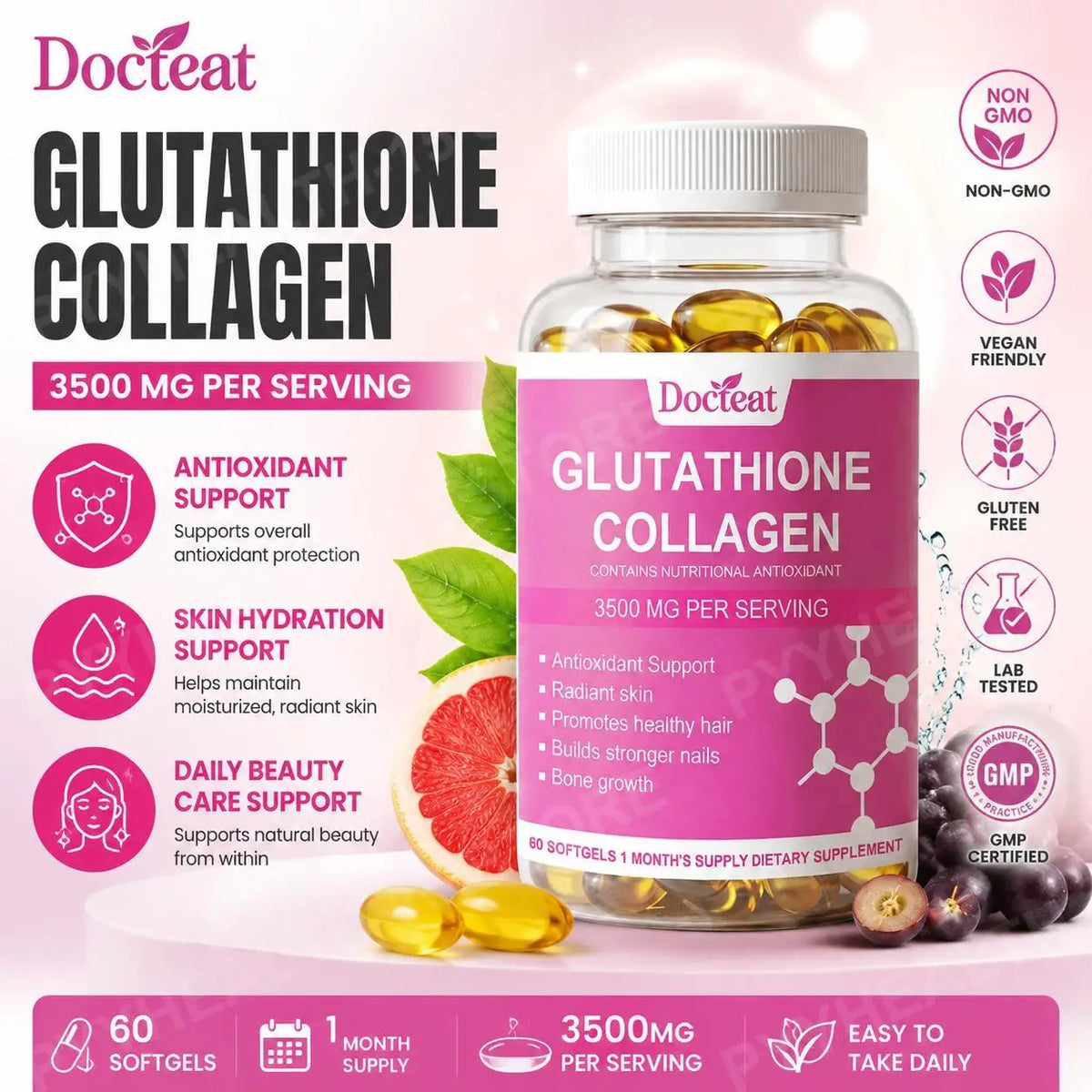 Glutathione Collagen Softgels – Vitamin C, E & Hyaluronic Acid 60ct Beauty Supplement Softgels Qst