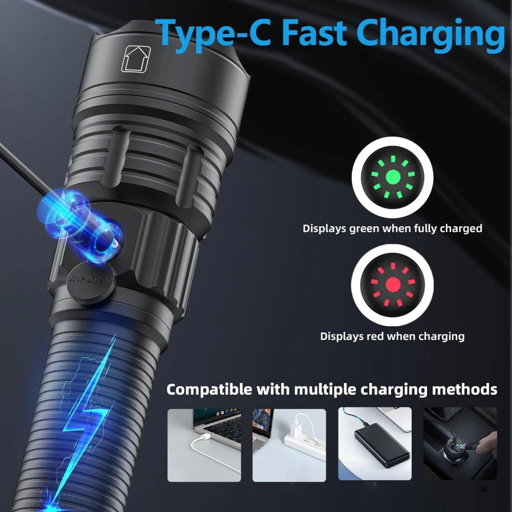 Tactical LED Flashlight 2000LM USB-C Rechargeable Zoomable Tactical Flashlight Qst