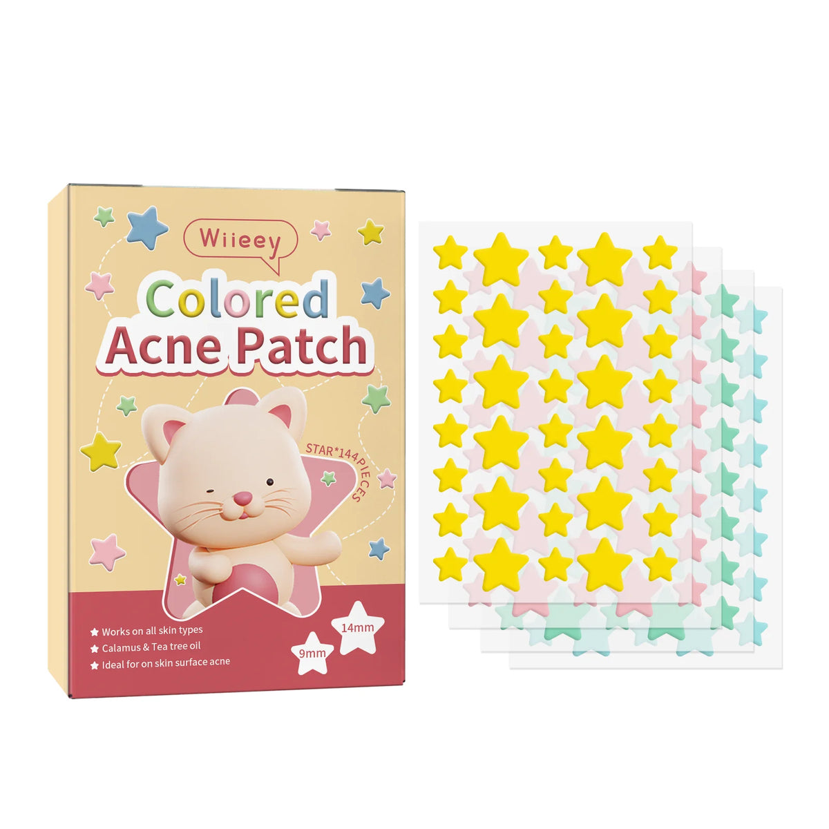 Wiieey Star Acne Patches – Colorful Pentagram Pimple Stickers Acne Patch Stickers Qst Star 144pcs