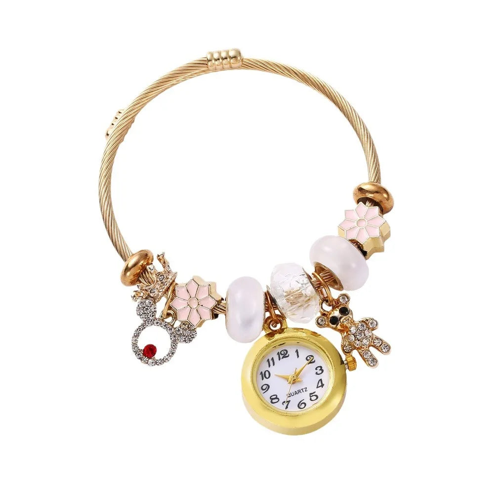 Golden Alloy Bracelet Watch – Quartz Bead Flower Pendant Bracelet Watch Qme