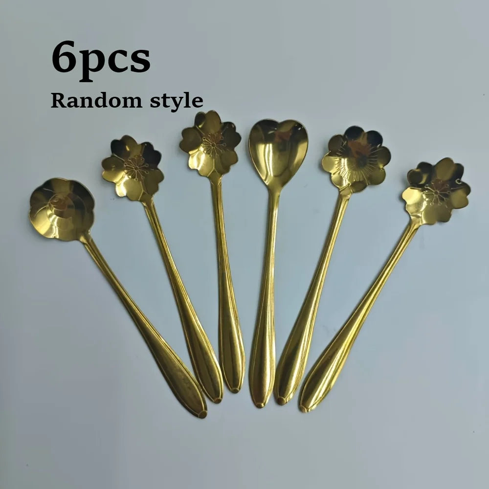 Set of 6 Floral Stainless Steel Teaspoons – Coffee & Dessert Decorative Teaspoon Set Qme Golden-6pcs