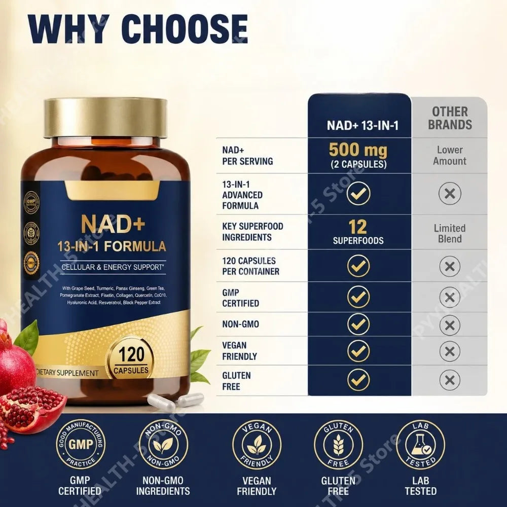 NAD+ 13-in-1 Capsules – Cellular Energy & Immune Support 120ct NAD+ Supplement Qst