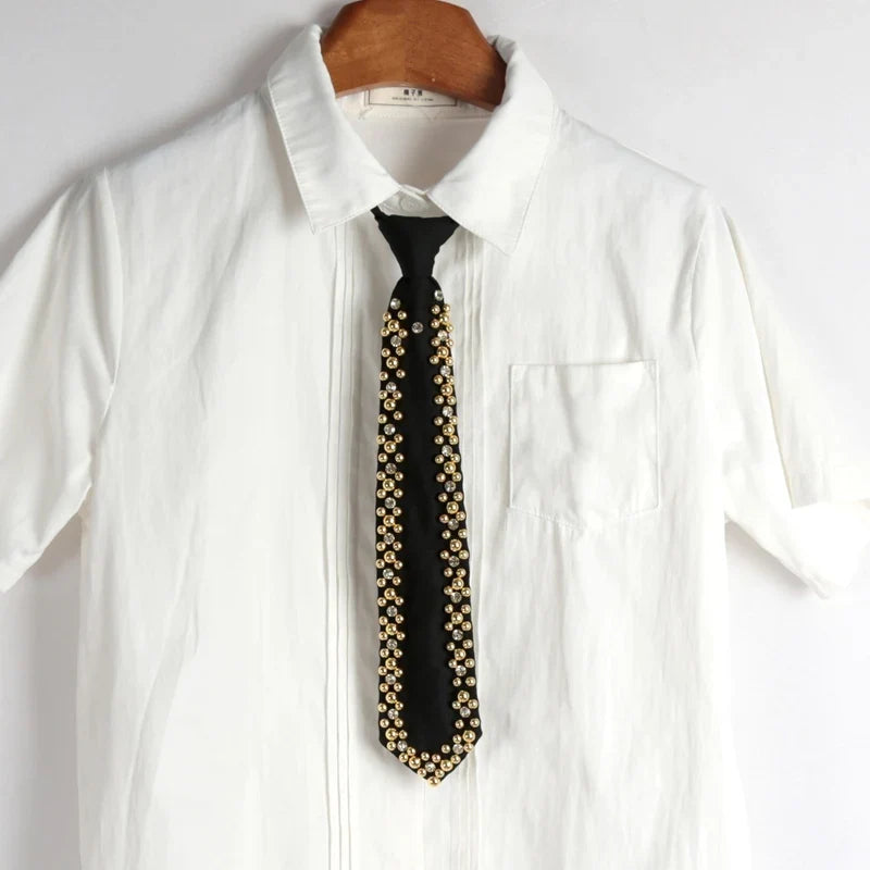 Women's Pearl Beaded Black Necktie – Handmade Fashion Tie Beaded Necktie Qme Gold