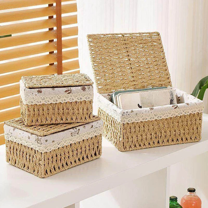 Desktop Cosmetic & Snack Storage Box | Rattan Woven Organizer Desktop Storage Organizer Qme
